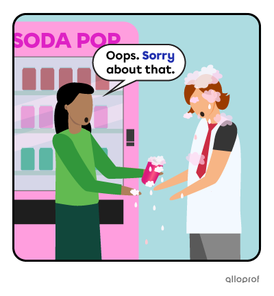 A woman apologizing for splashing her soda on her coworker when opening the can.