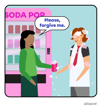 A woman apologizing for splashing her soda on her coworker when opening the can.