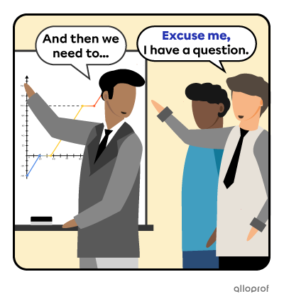 A person interrupting a presentation during a staff meeting.