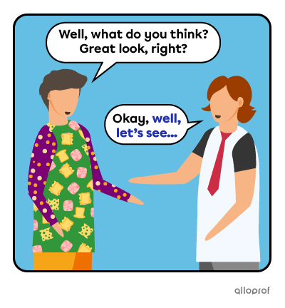A person showing his hideous clothes matching skills to his coworker.