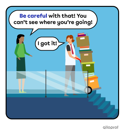 Someone warning a coworker carrying a lot of boxes on a trolley and not seeing the stairs in front of him.