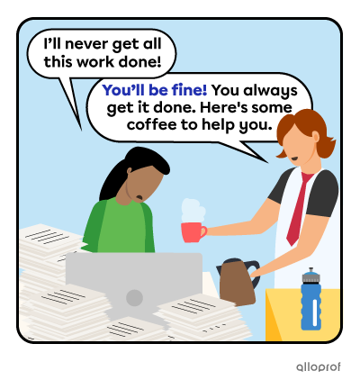 A person bringing coffee to a coworker who has tons of paper piles on her desk.