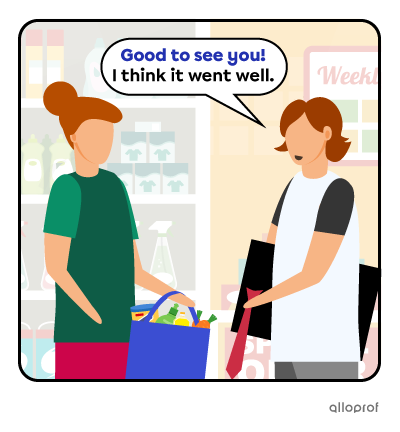 Two people meeting at the supermarket.