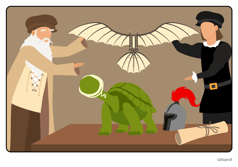 Leonardo da Vinci and Raphael trying to convince a turtle to try their flight test again.