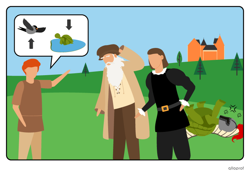 A kid explaining to Leonardo da Vinci and Raphael that turtles don’t fly: birds do.