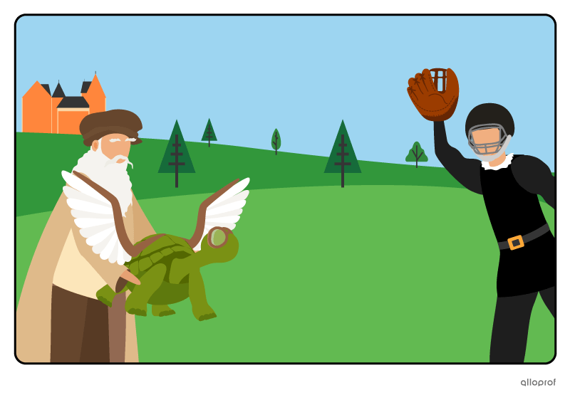 Leonardo da Vinci about to shoot a turtle in the air while Raphael is waiting to catch it.