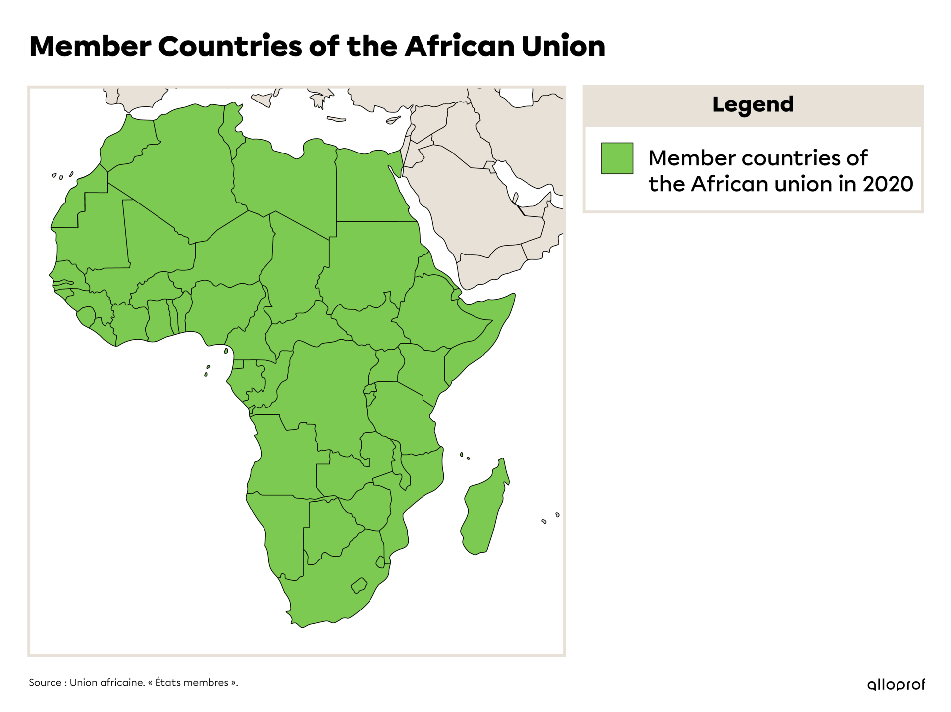 Map showing countries who were members of the African Union in 2020.