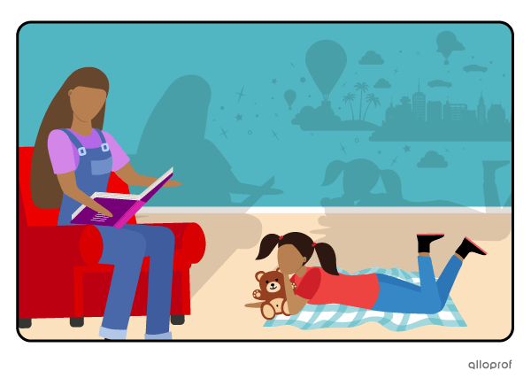  A woman is reading a story and a child is lying on the floor. There are shadows of the two people on the wall. The shadow of the book shows a world of adventure coming out of it.