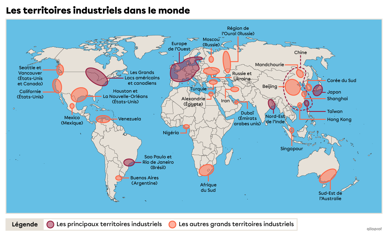 Carte des principaux territoires industriels dans le monde.