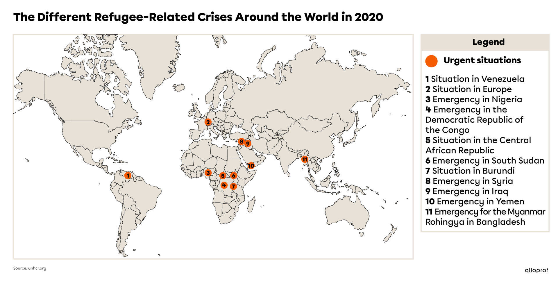 The different refugee-related crises around the world in 2020.
