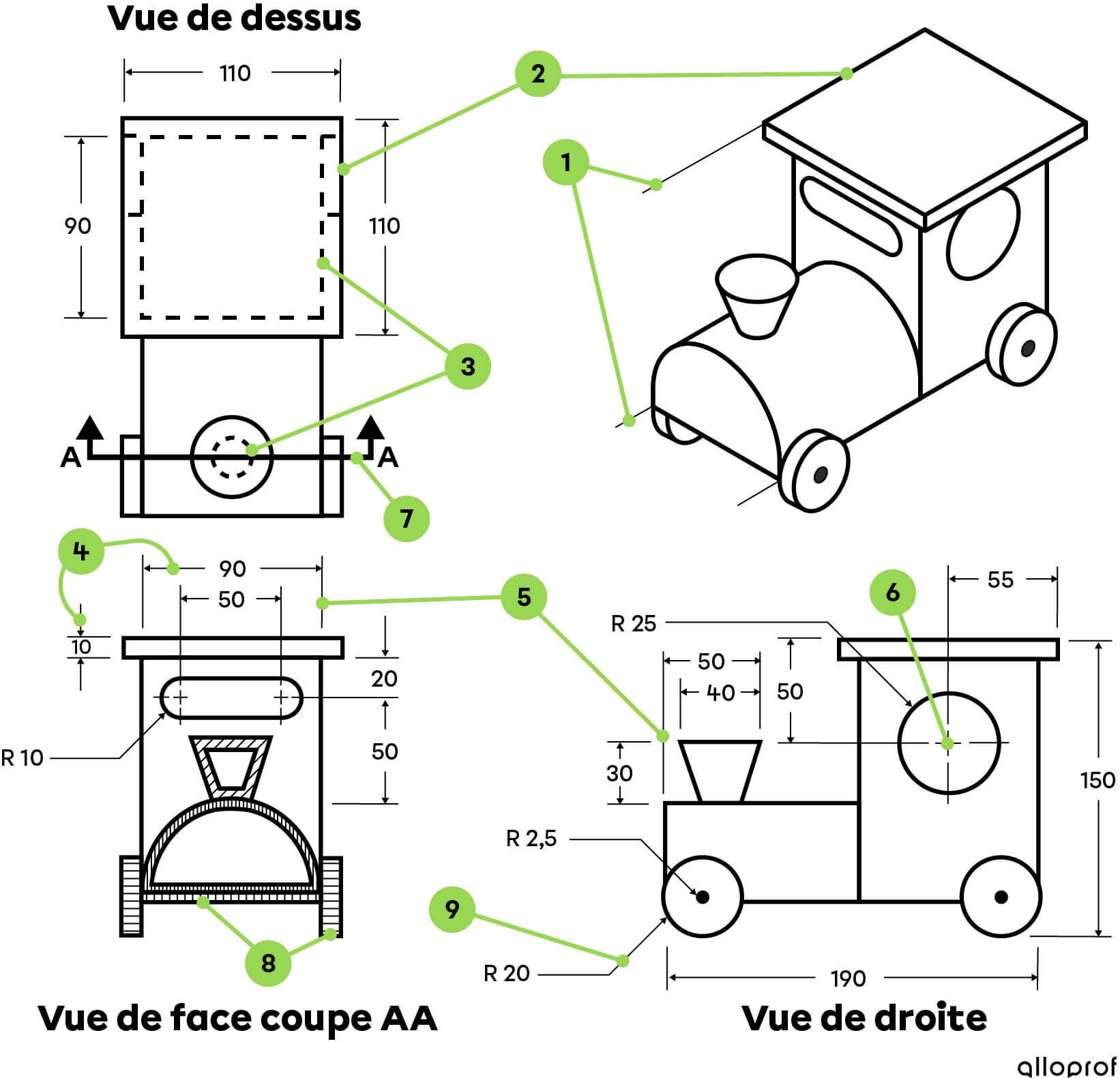 L’utilisation des lignes de base sur le dessin technique d’une locomotive de train miniature.