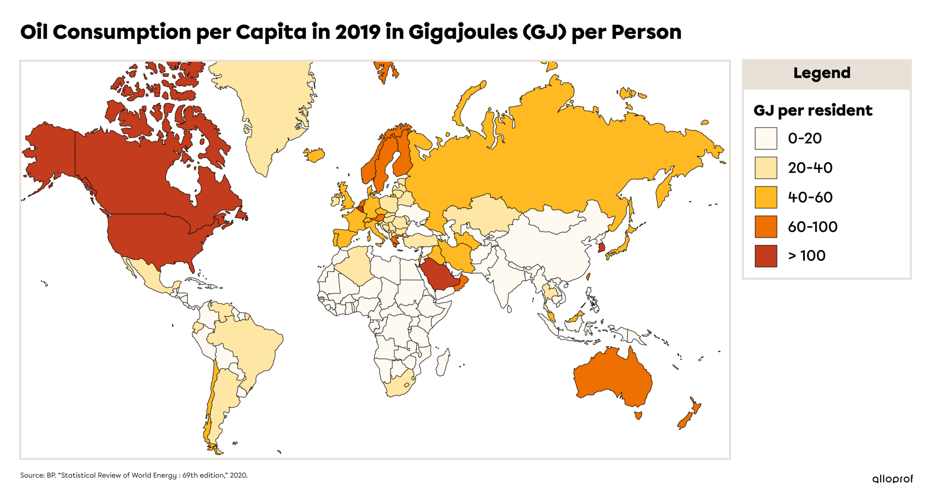 Map of Oil consumption per capita in 2019 in gigajoules (GJ) per Capita.