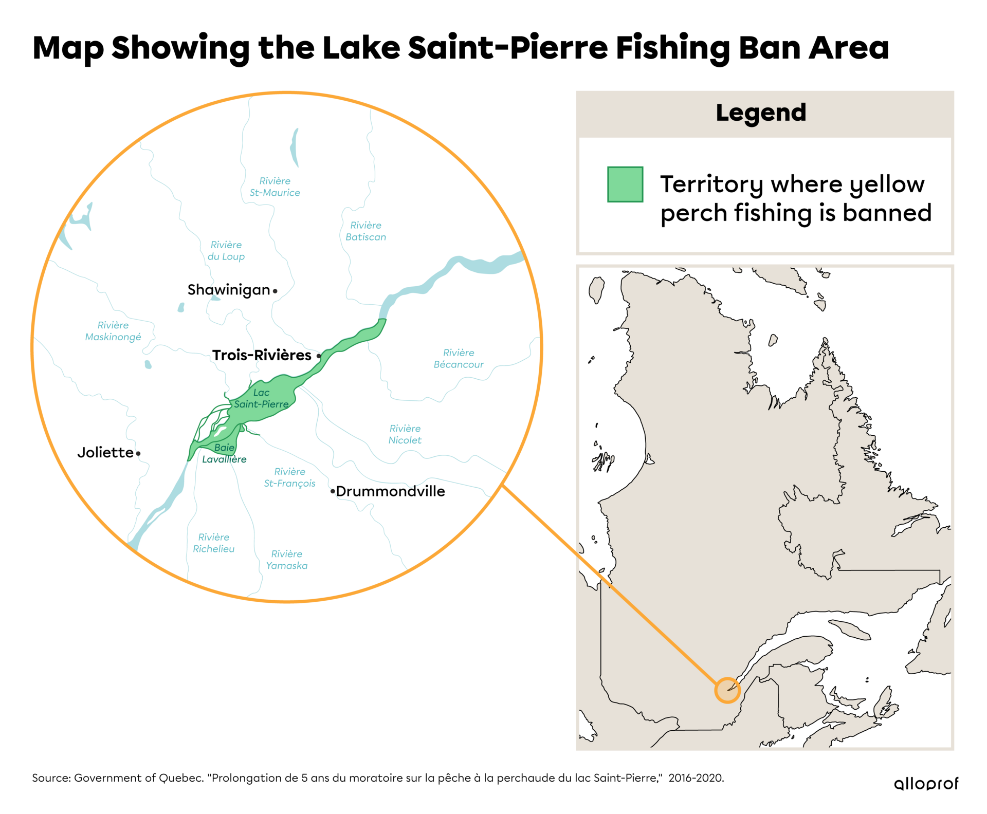 Map showing the Lake Saint-Pierre Fishing Ban Area.