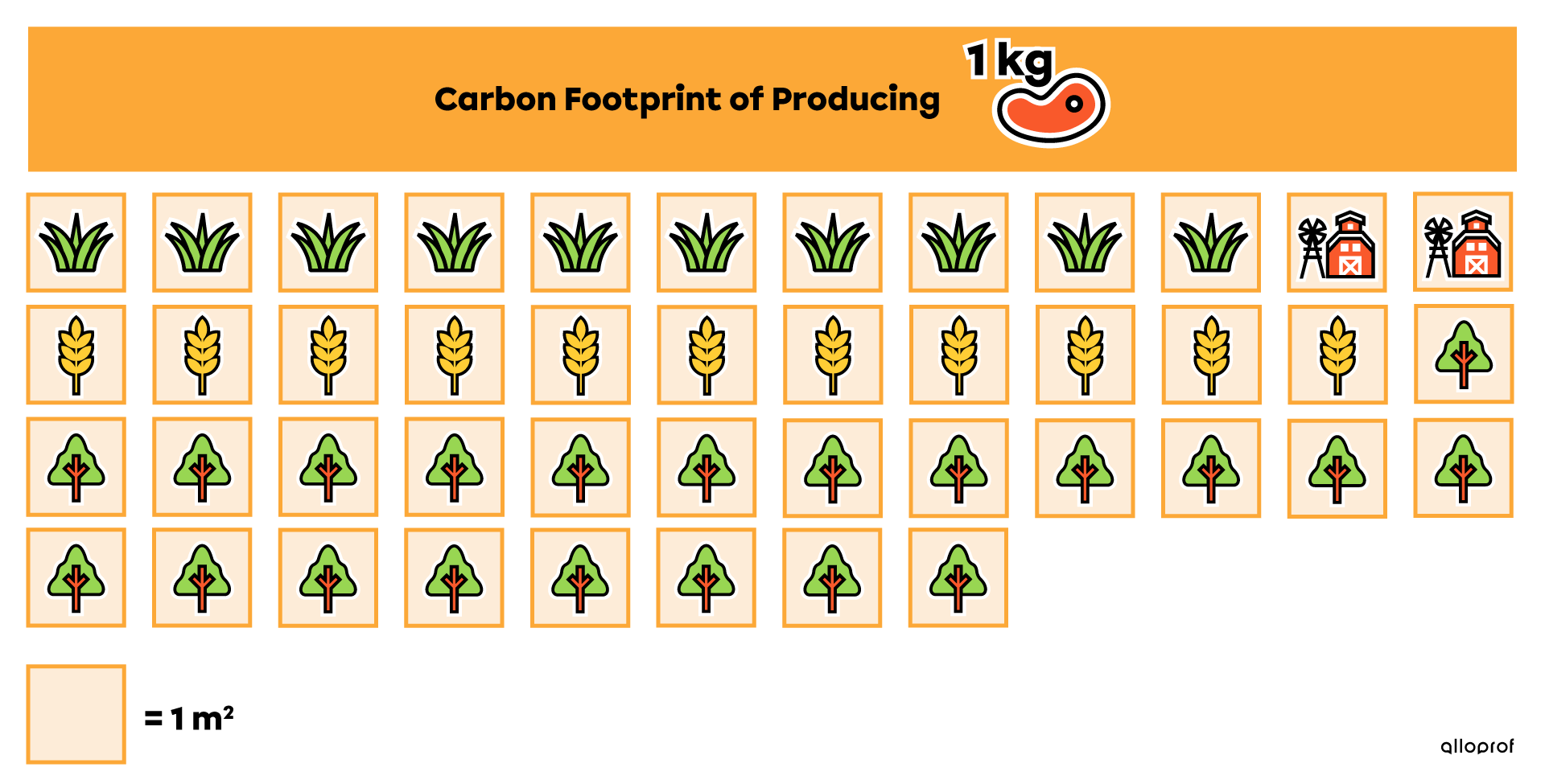 Diagram showing the ecological footprint of producing one kilogram of red meat according to the area used.