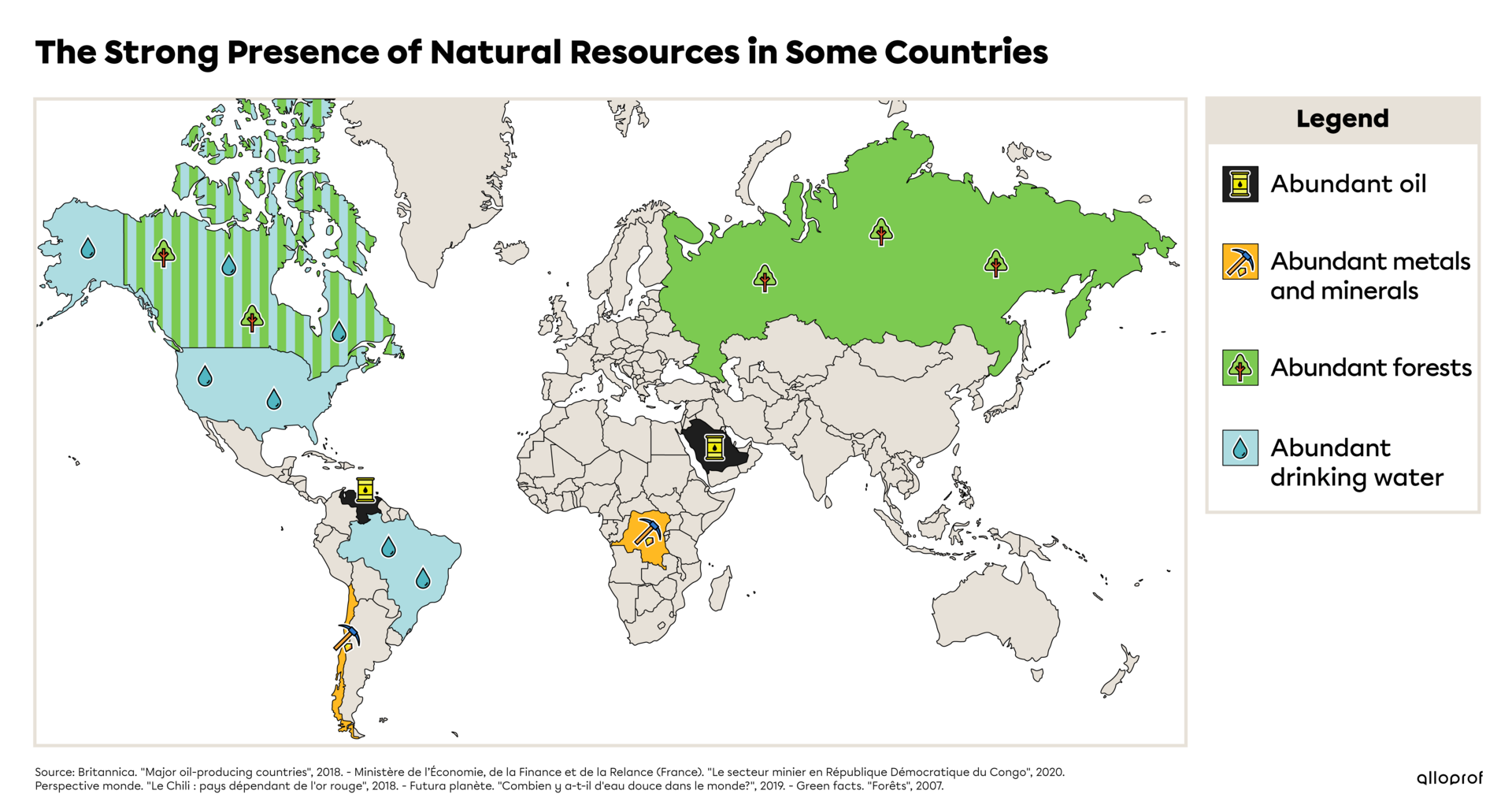 Map showing the strong presence of natural resources in some countries.