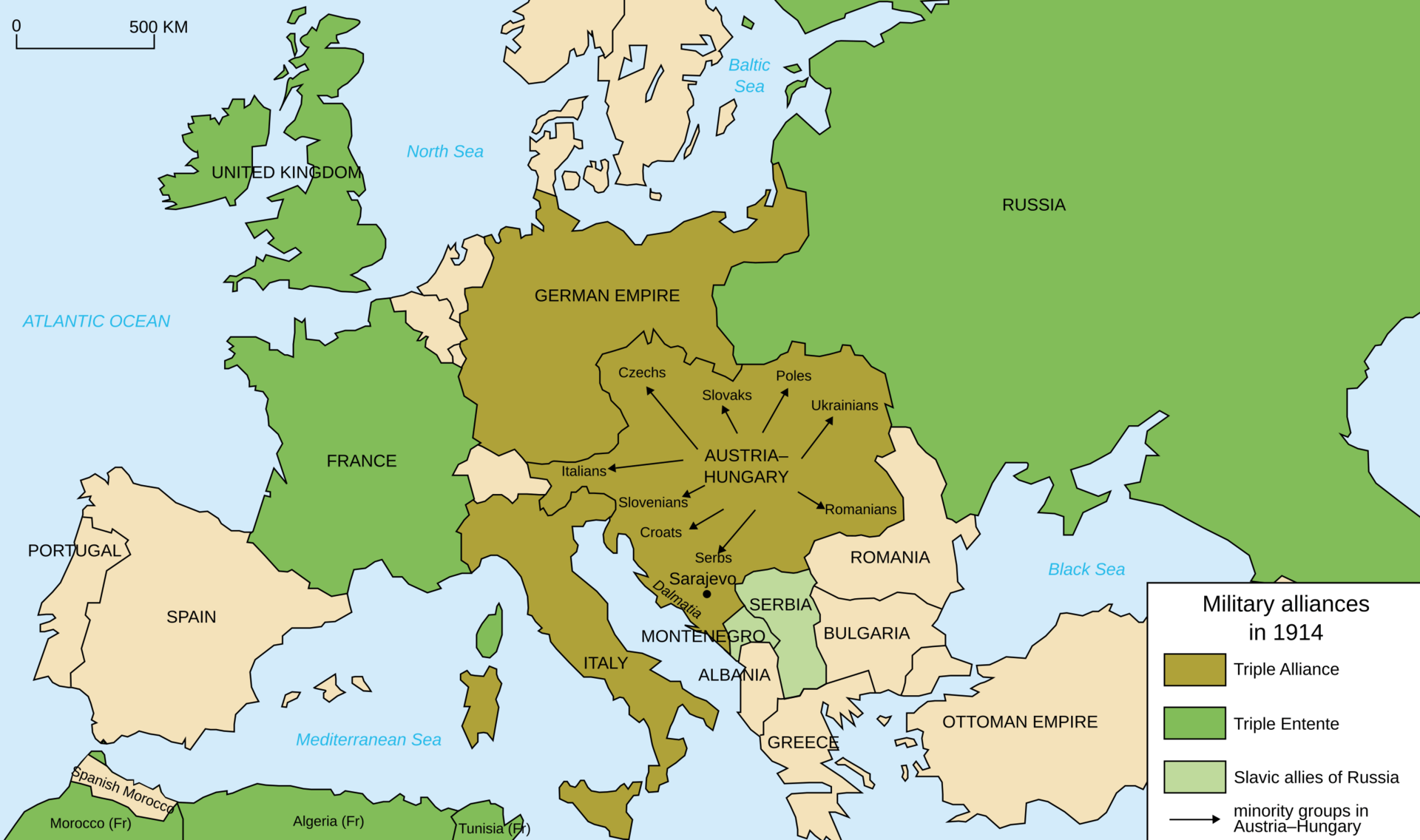 Map of military alliances before the outbreak of war.