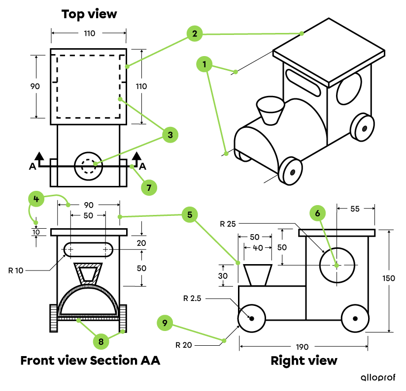 The use of basic lines on the technical drawing of a model train locomotive.