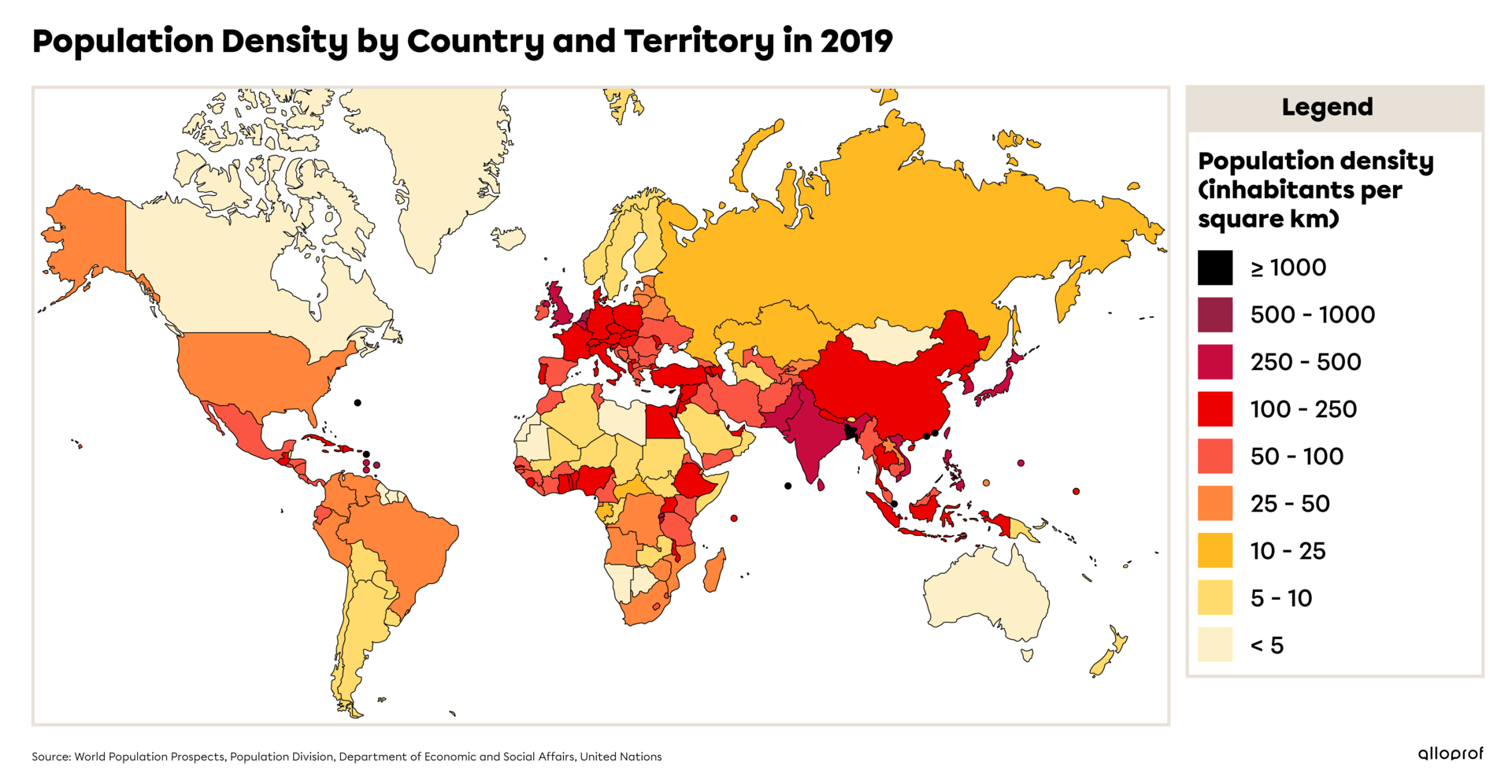 Map of population density by country and territory in 2019.