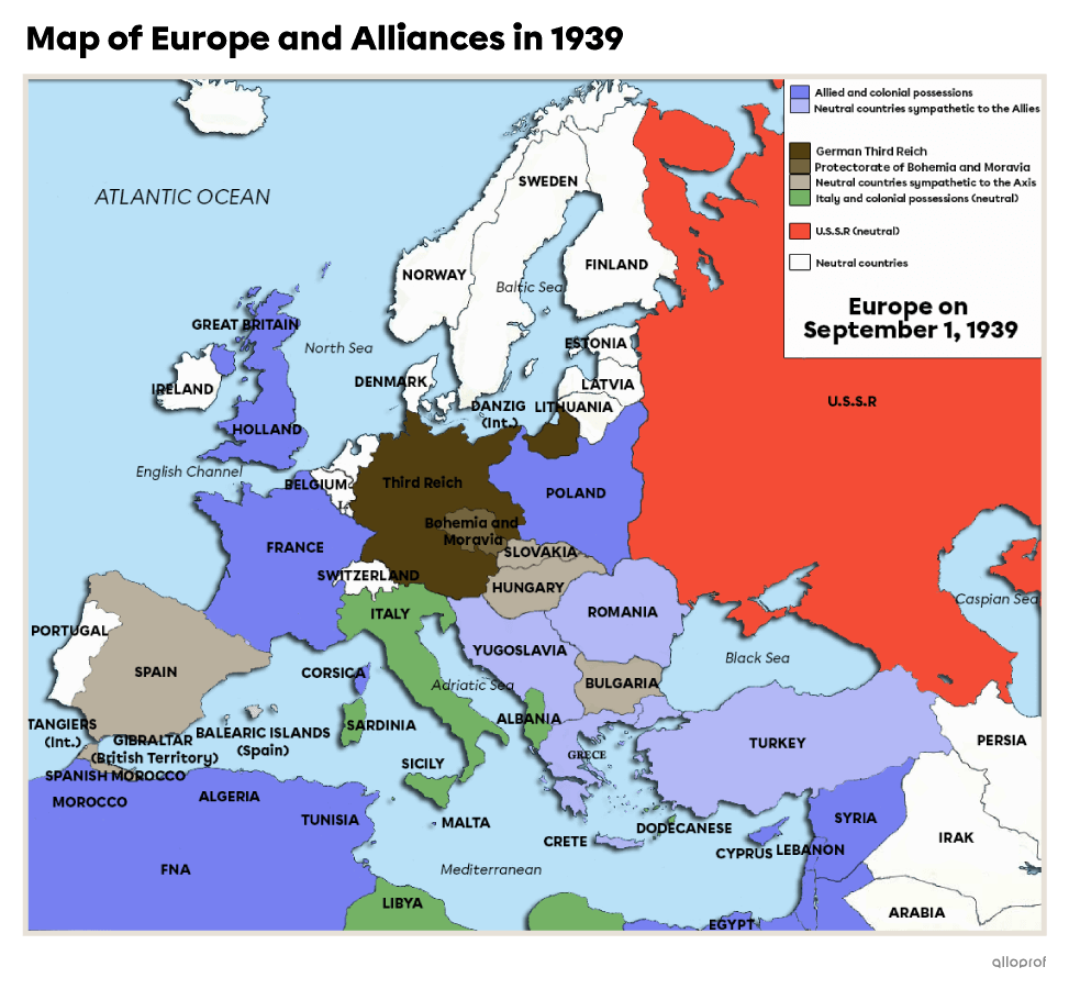 Map of Europe and Alliances in 1939.