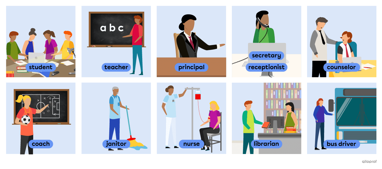 Vocabulary list of people at school that includes: student, teacher, principal, secretary, counsellor, coach, janitor, nurse, librarian and bus driver.
