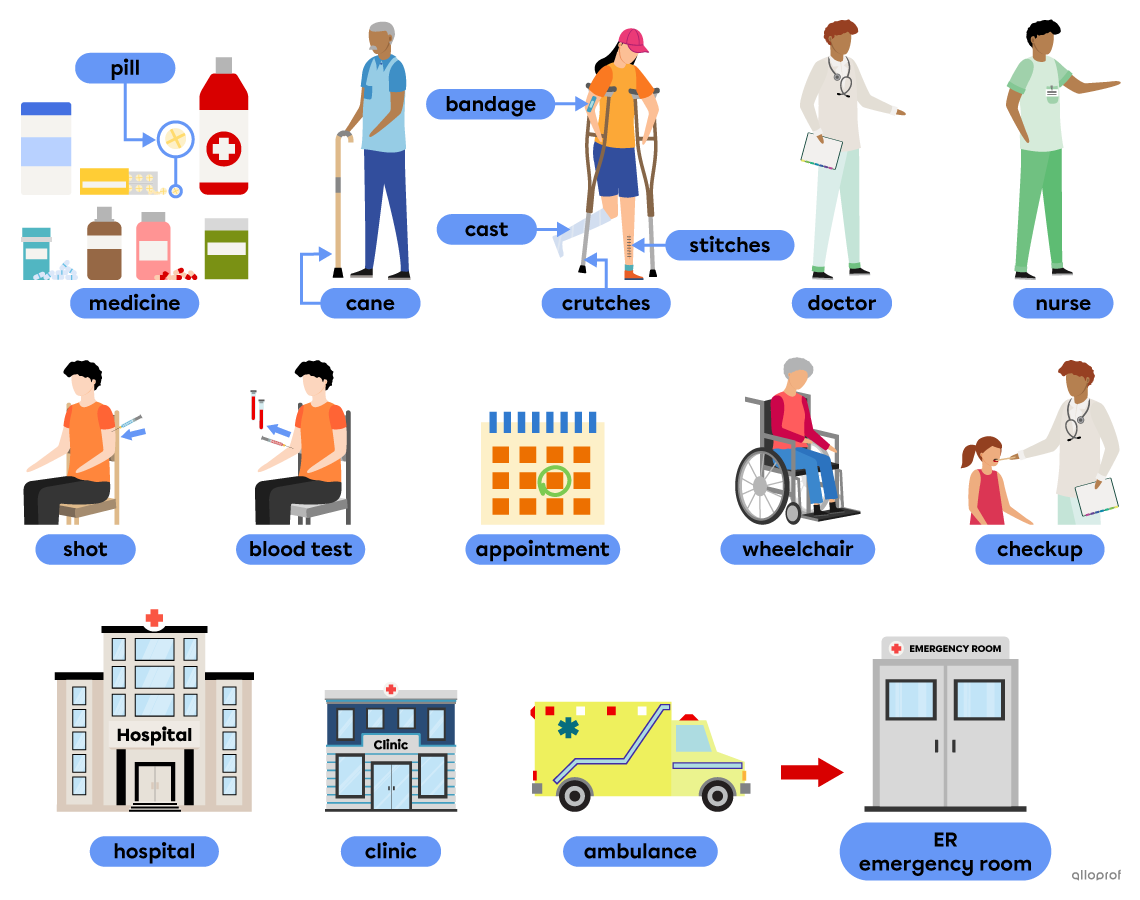 Pictures illustrating vocabulary words for medical care. Medicine (medicine bottles and pills); pills (individual pills); bandage (a bandaged arm); cast (a cast on a leg); stitches (a scar with stitches); crutches (person using crutches to walk); wheelchair (person sitting in a wheelchair); cane (person walking with a cane); shot (person receiving an injection); blood test (person having his blood taken); appointment (date circled on a calendar); checkup (doctor examining a patient); doctor (person wearing 
