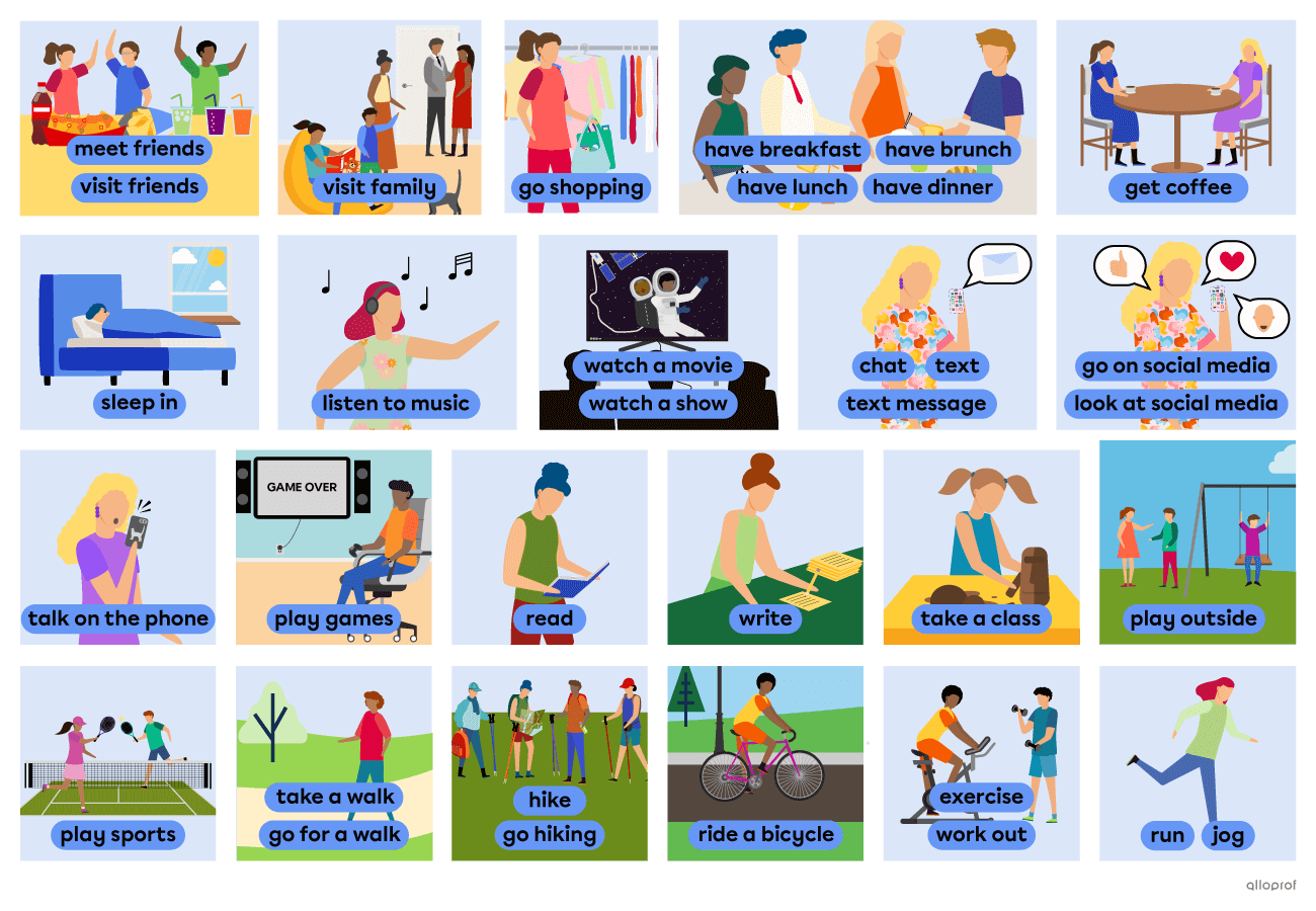 List of spare time and social routine with characters acting them out. The list contains meet friends, visit friends, visit family, go shopping, have breakfast, have brunch, have lunch, have dinner, get coffee, sleep in, listen to music, watch a movie, watch a show, text, text message, chat, go on social media, look at social media, talk on the phone, play games, read, write, take a class, play outside, play sports, take a walk, go for a walk, hike, go hiking, ride a bicycle, exercise, work out, run and jog