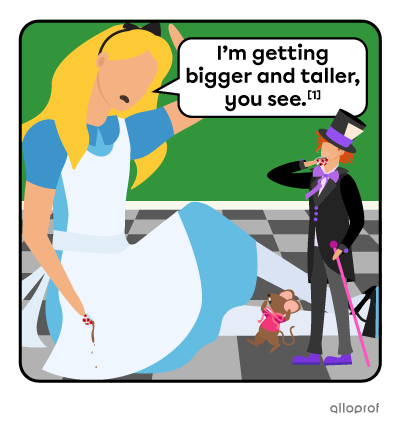 Alice who is still in Wonderland grows and takes more and more place in the room. The character of the mouse seems frightened. The character of the Mad Hatter looks at the scene with amusement.