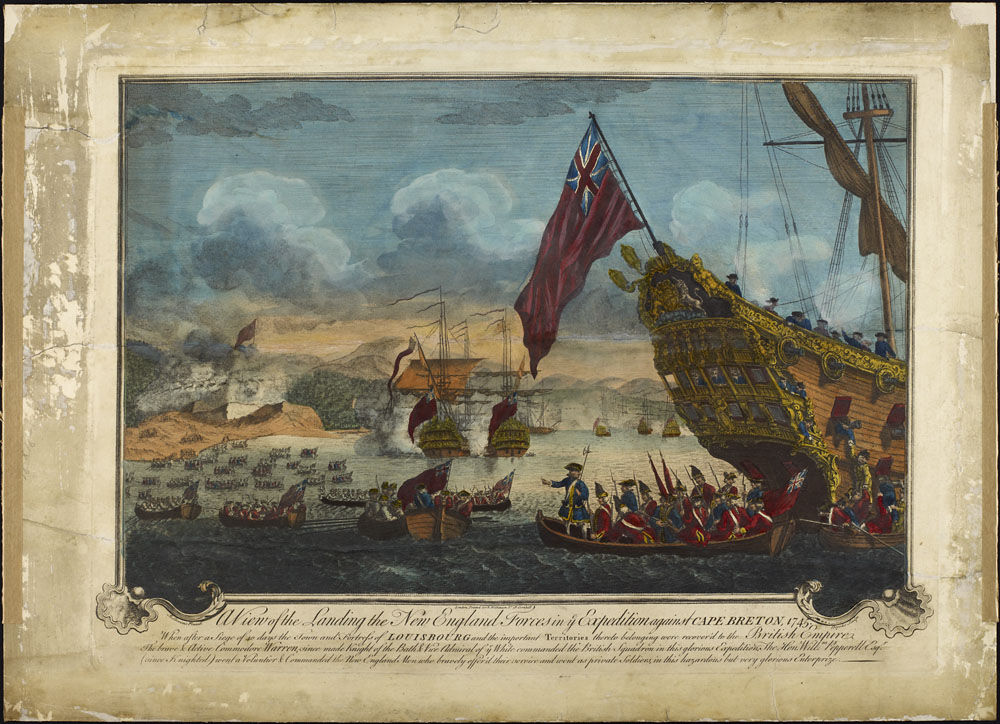 Une gravure montrant des soldats britanniques débarquant des navires pour aller attaquer la forteresse de Louisbourg.