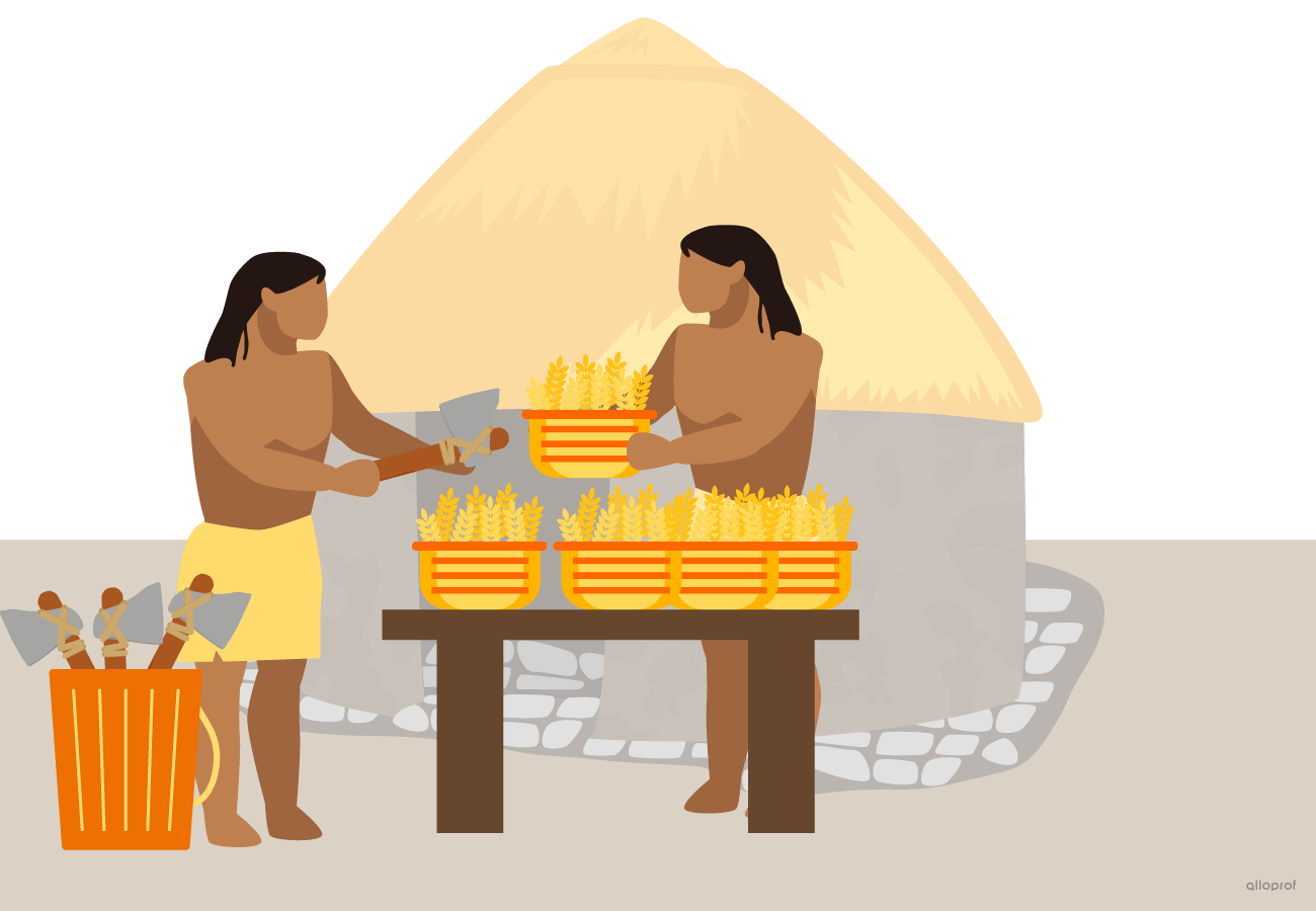 Two people exchanging wheat and axes.