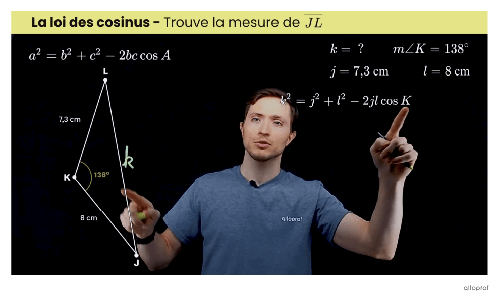 Screenshot of a Crash Course video in which the teacher explains the relationships between the obtuse angle of a triangle and a mathematical formula.