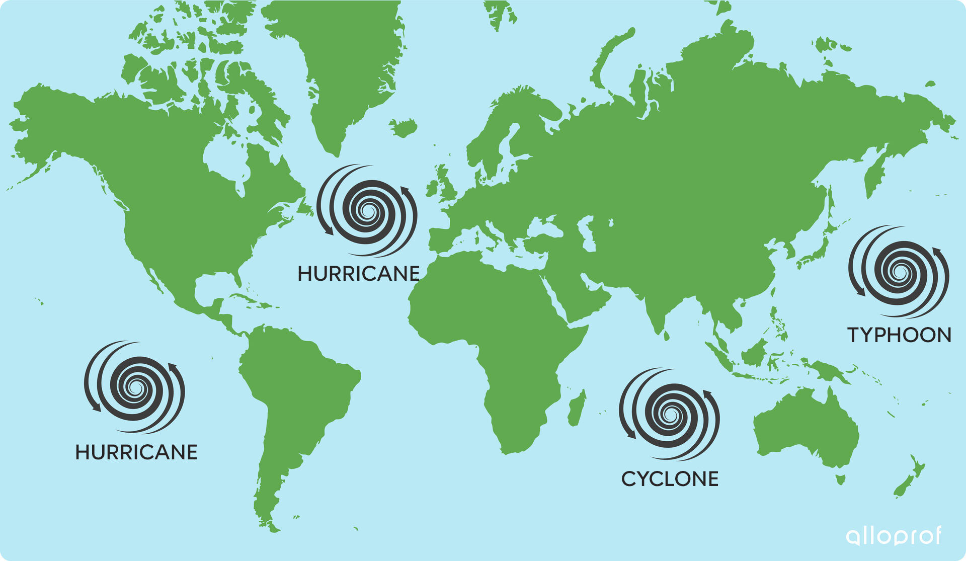 Cyclones, hurricanes and typhoons on the world map.