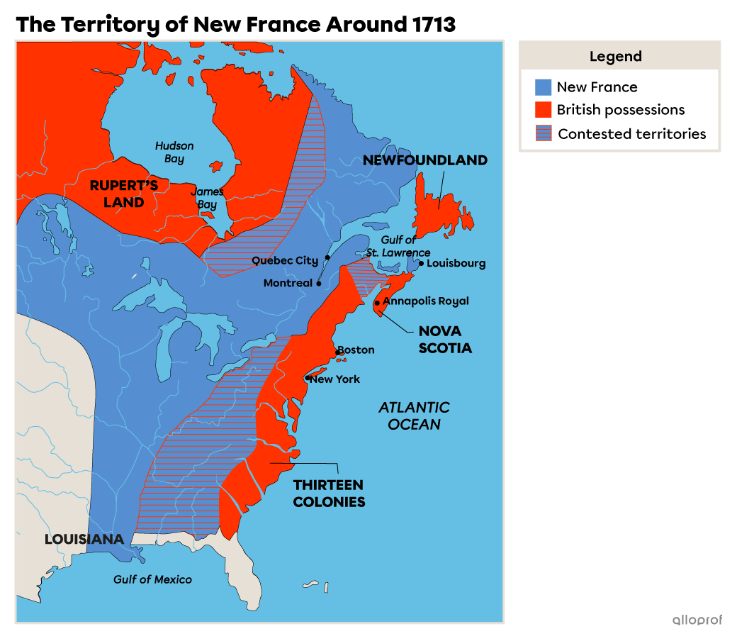 A map of the territories conceded to Great Britain by France following the Treaty of Utrecht in 1713.
