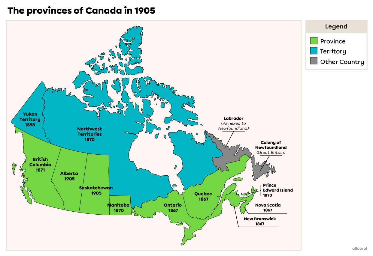 Map of Canada in 1905 with the creation of Saskatchewan and Alberta.