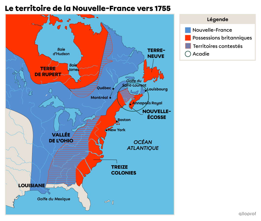 Le territoire de la Nouvelle-France vers 1755.