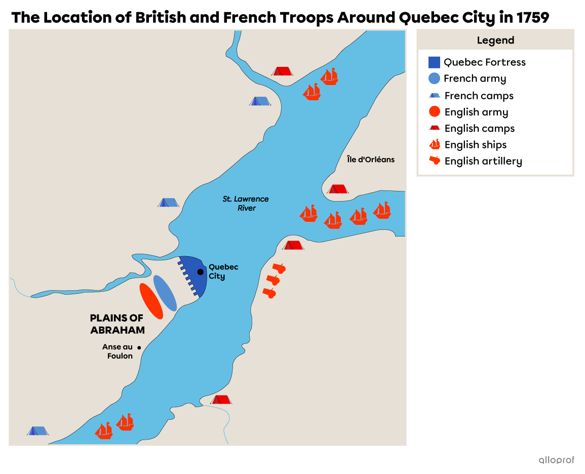 The location of British and French troops around Quebec City in 1759.