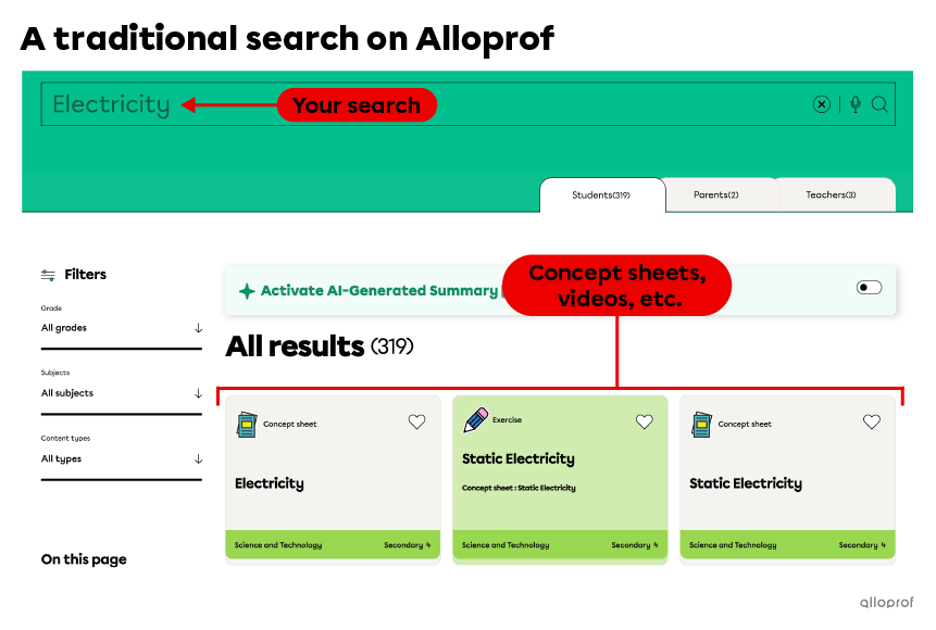 On the Alloprof site, you can enter a keyword in the search bar. The search engine then suggests links to Alloprof concept sheets, videos, and other tools.