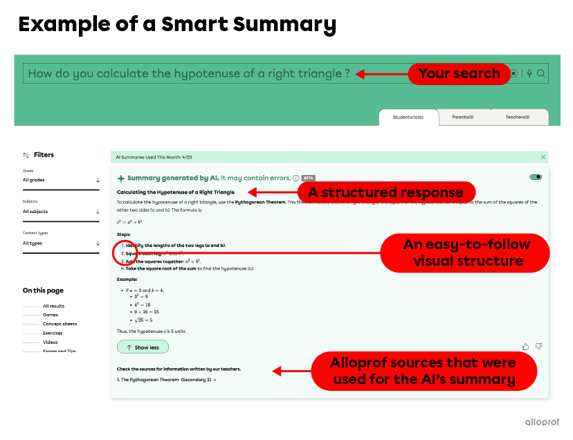 When you activate Alloprof’s smart summary function in the search bar, the AI provides a structured summary. The visual structure is easy to follow. The AI also tells you which Alloprof sources it used to answer your question.