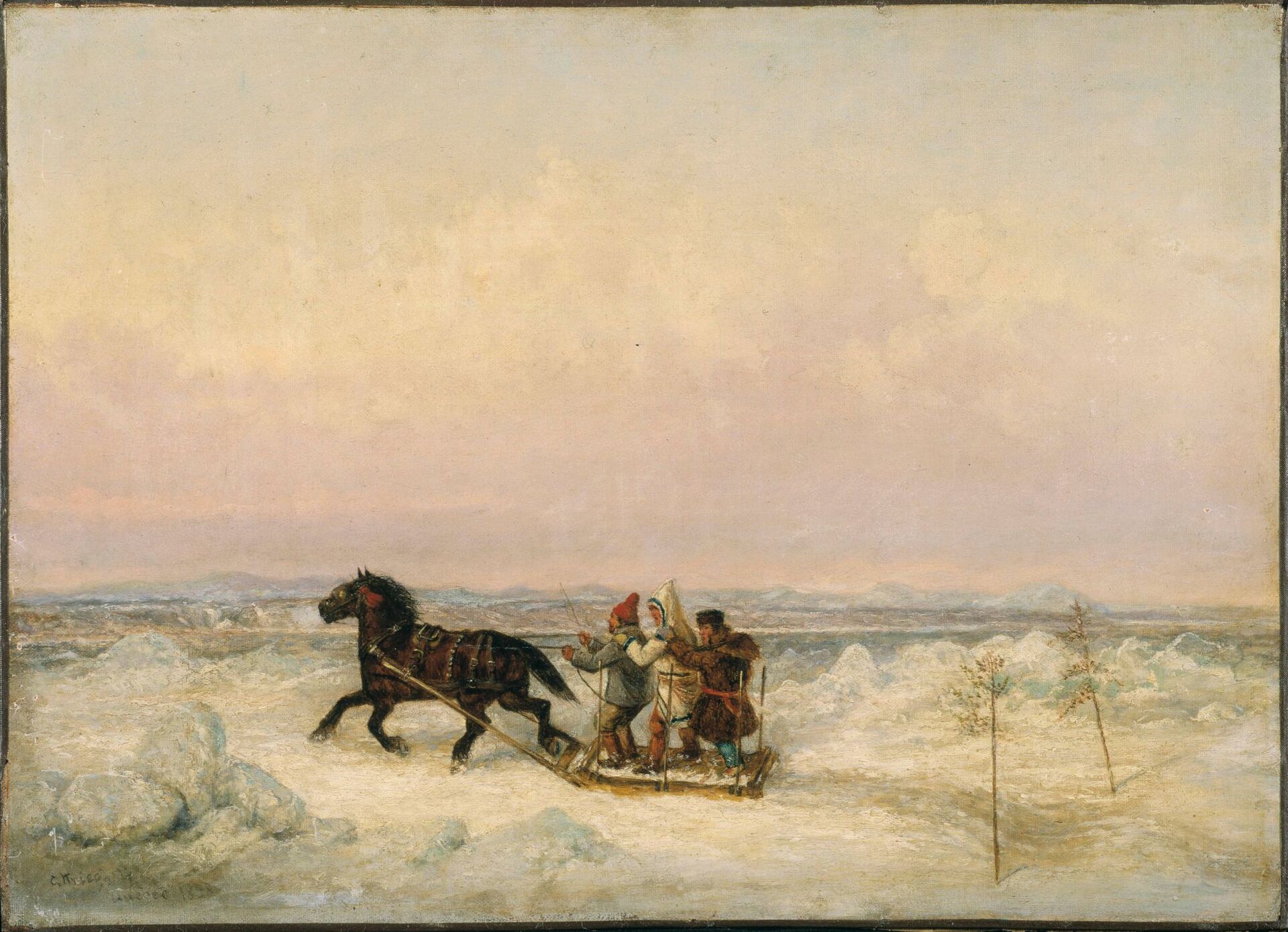 A group of people in a horse-drawn sleigh.