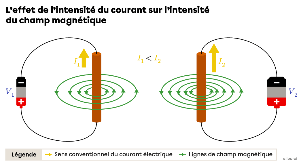 Comparaison des lignes de champ autour de deux fils droits identiques traversés par des courants électriques d’intensité différente. 