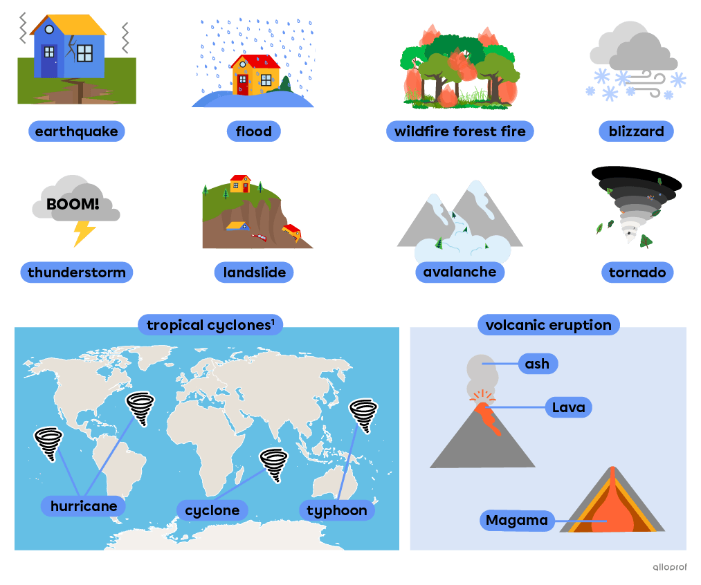Basic natural disasters vocabulary such as earthquake, avalanche and volcanic eruption.