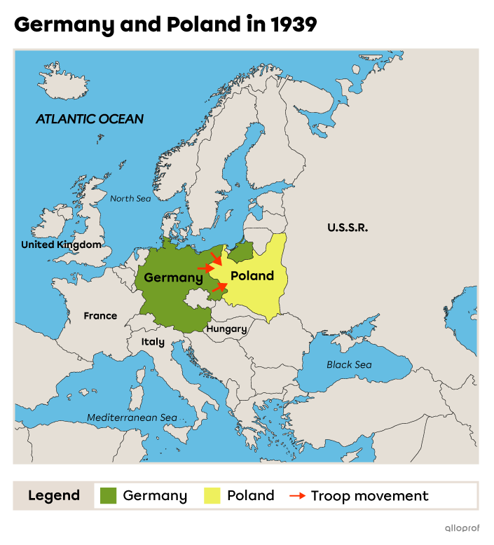 Map of Europe showing Germany and Poland in 1939.