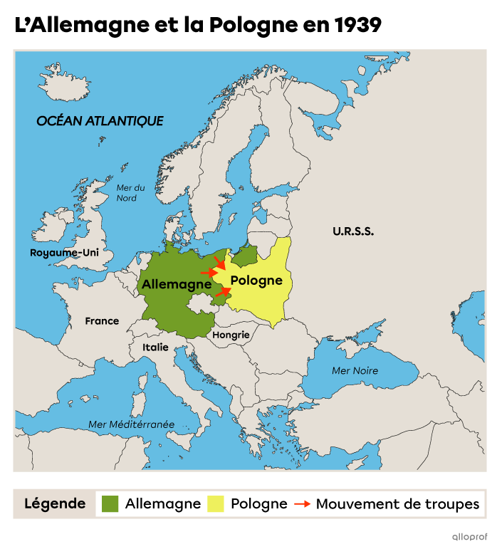 Carte de l'Europe montrant l'Allemagne et la Pologne en 1939.