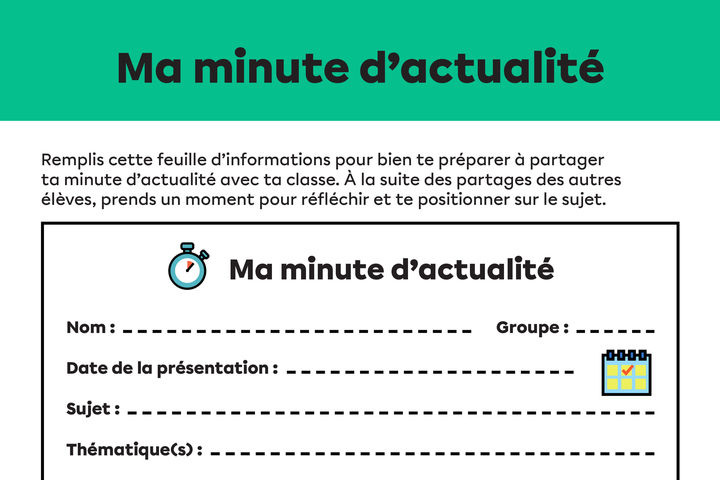Capture d'écran du haut de la fiche d'activité Ma minute d'actualité