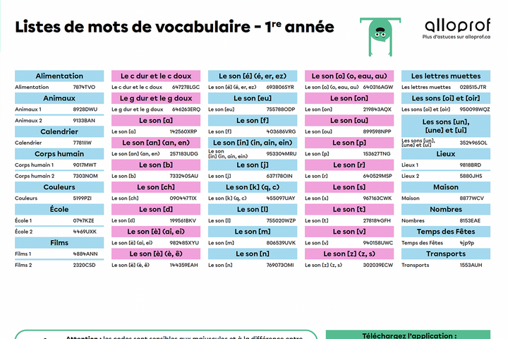 Un aperçu des codes pour les listes de mots de vocabulaire. 