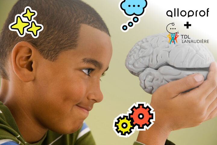 A boy with a plastic brain in his hands. 